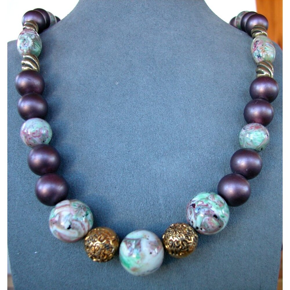 Beaded Necklace W/ Porcelain & Gold-Tone Accents 24" W/ 3" Extension Hook Close